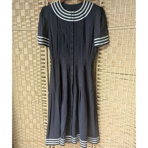 Vtg Plaza South Petites Navy Blue Nautical Sailor Fit & Flare Dress 10P Striped